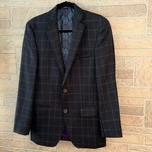 Tallia Sport Coat Mens Charcoal Gray Purple Check 100% Wool 36R